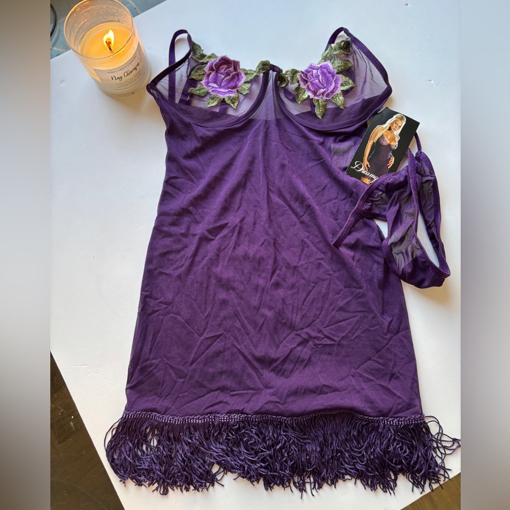 NWT Vintage Y2K Flapper Purple Rose Floral and Fringe Mesh Negligee w/ thong SZM